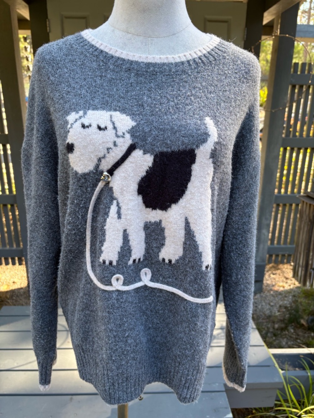 CALLIGRAPHIE Ribbed Crewneck Dog Sweater in Gray & Cream